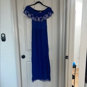 Flying Tomato Royal Blue Maxi Dress with White Embroidery